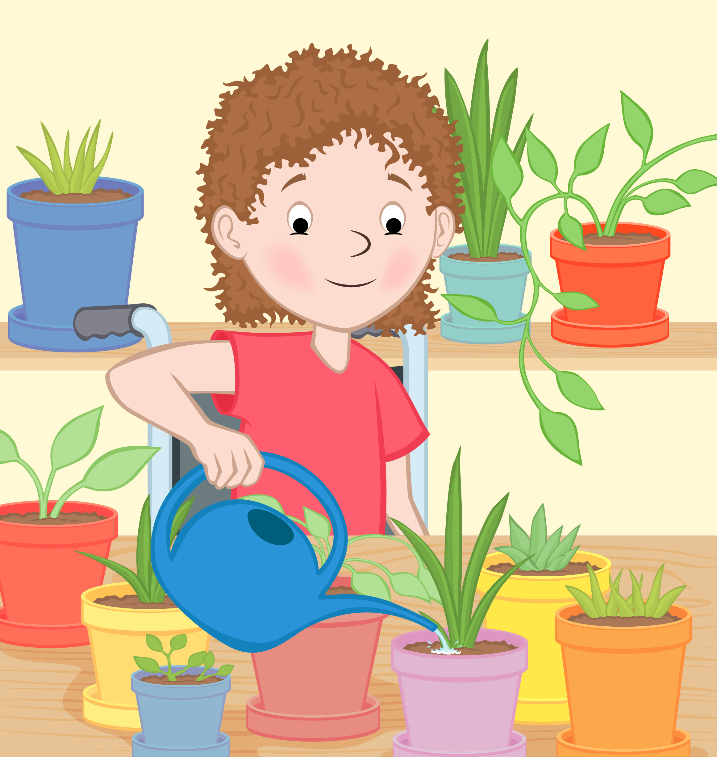 girl in wheelchair watering potted plants