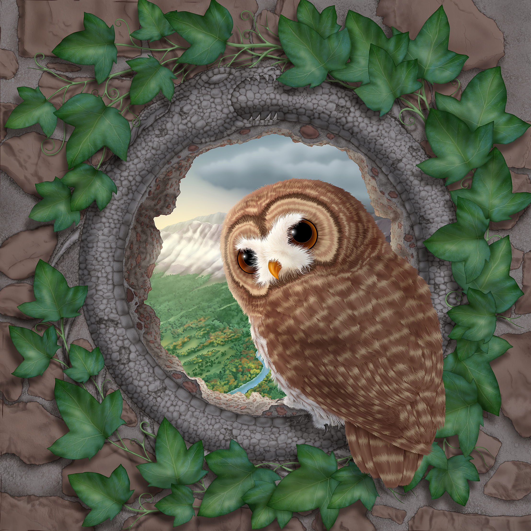 an owl sitting at a round window looking out on a beautiful landscape