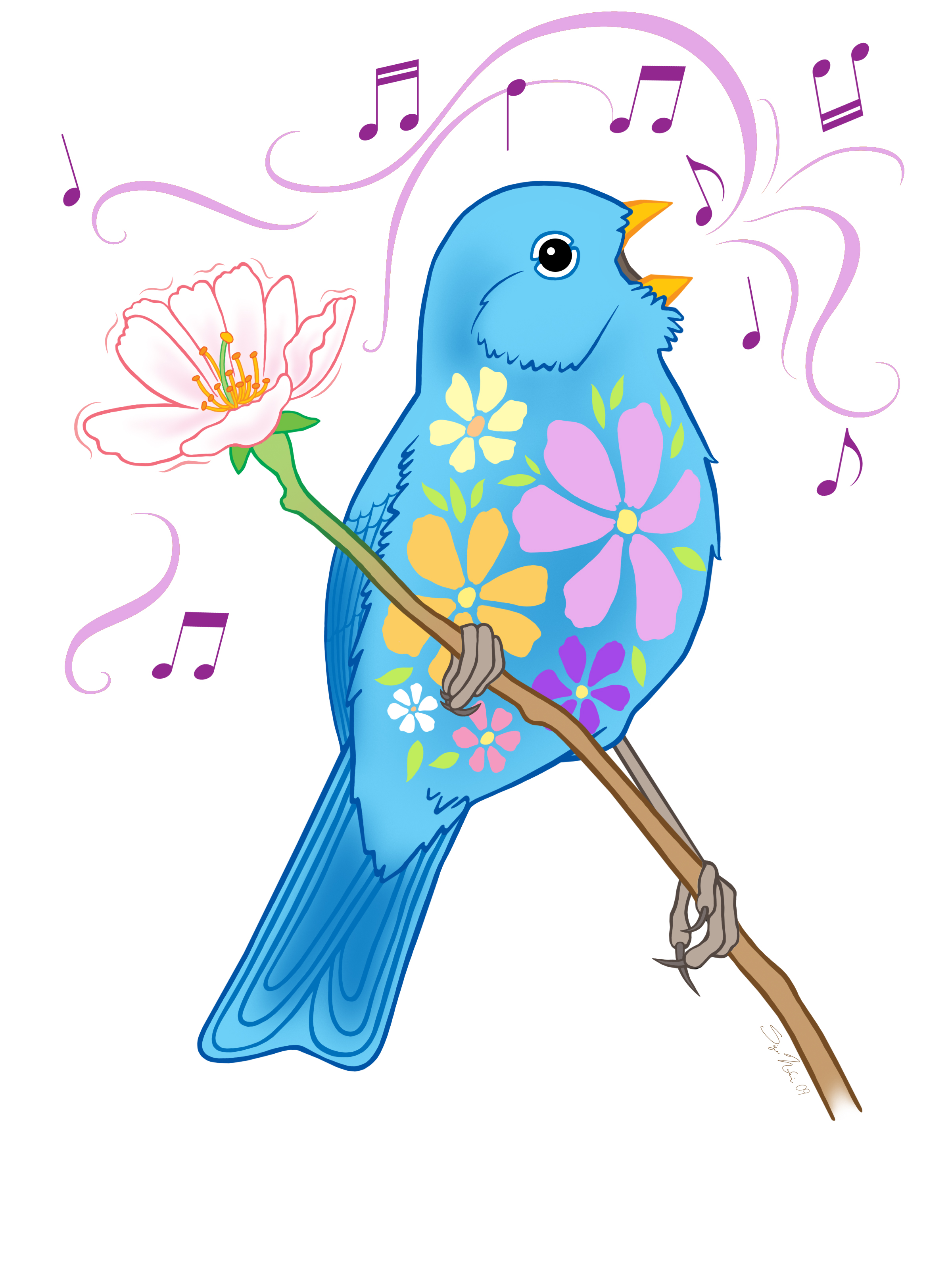 bird covered in flowers perched on branch and singing