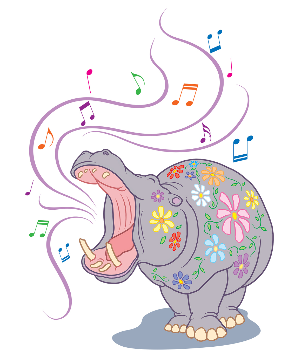 a hippo painted with flowers and singing
