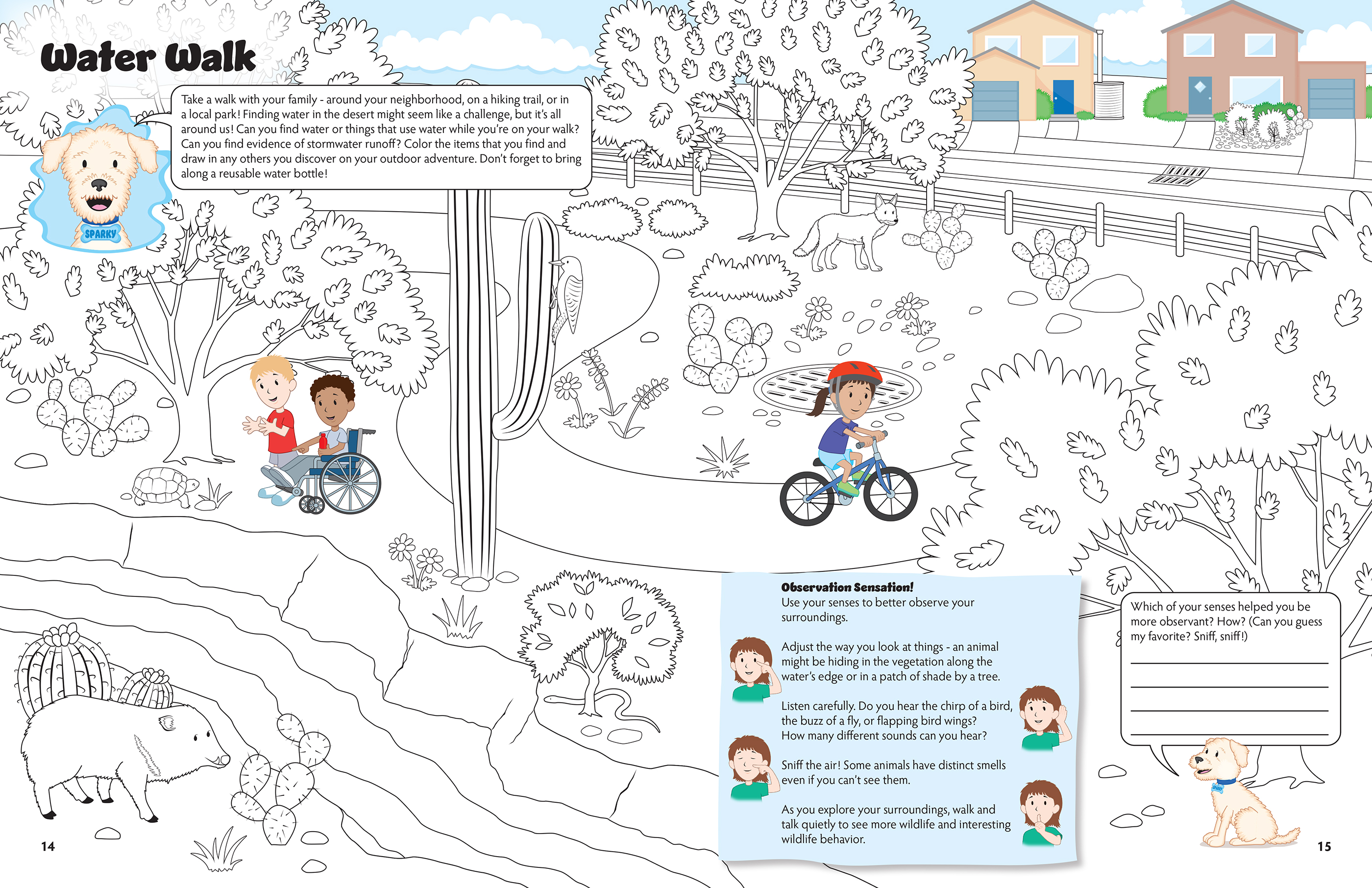 coloring book pages with kids in a neighborhood park