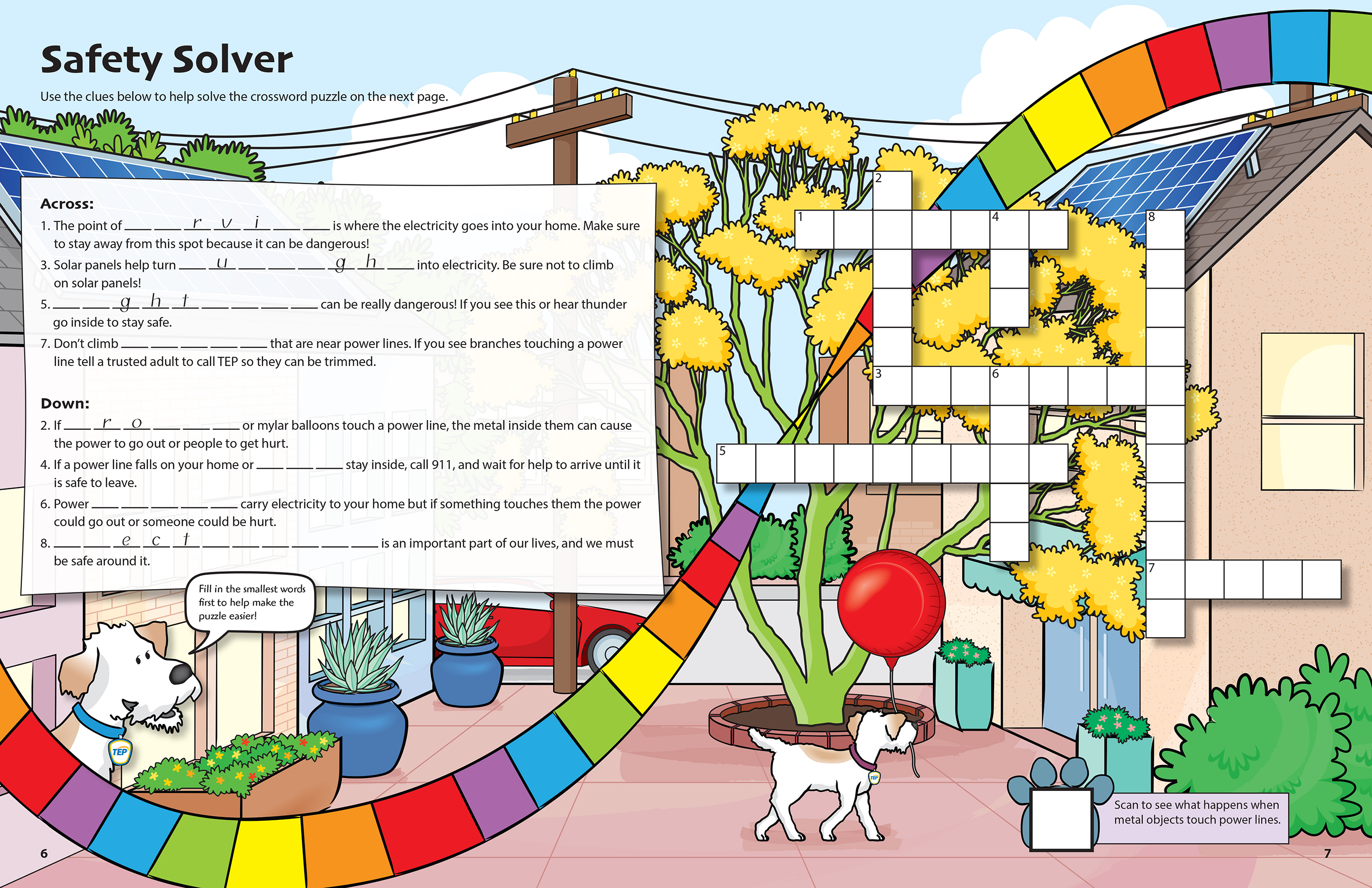 activity book spread with a crossword puzzle and a dog walking through a town courtyard